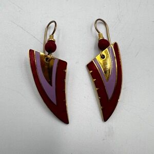 Laurel Burch Red Purple Enamel Earrings Beaded Gold Tone Signed Vintage